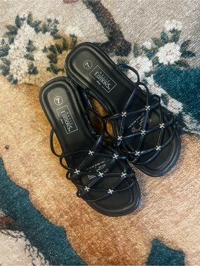 Basic Editions Black Strappy Slide Sandals with Rhinestone Accents